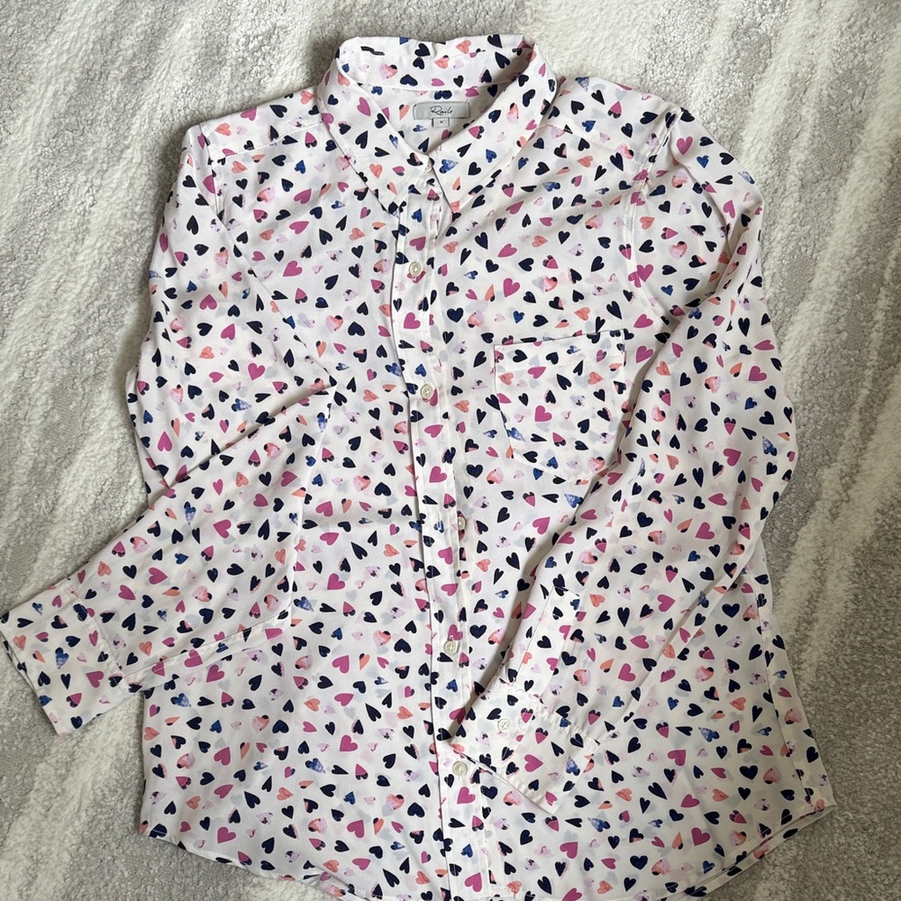 Rails Heart Print 100% Silk Blouse - Pink, Blue, White